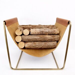 Mid Century Modern Brass Finish Tan Leather Log Holder Fireplace Rack MCM